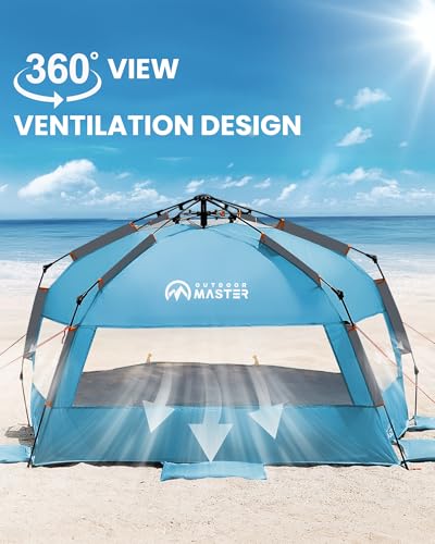 OutdoorMaster Beach Tent Sun Shelter for 3-4 Person, Pop Up Beach Tent Easy Setup with Sandbags, Portable Sun Shade Canopy with Carrying Bag for Beach & Outdoor, UPF50+ UV Protection, Family Size - color: Ocracoke Coast, size: X-Large