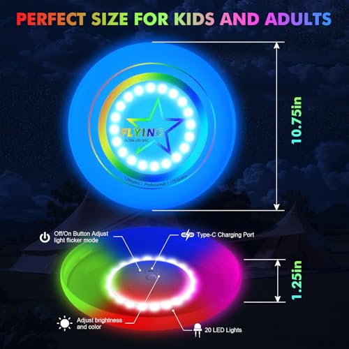 Umnodobn Light Up Flying Disc Toy Kids, Adults, Teens – 7 Glow in the Dark Modes, 22 Bright LEDs, Rechargeable, Outdoor Flying Sport Disc for Night Games, Family Fun, Beach, Park, Camping