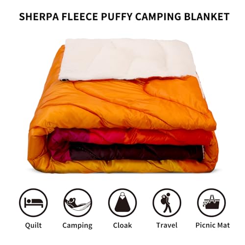 zzlamb Outdoor Camping Blanket with Sherpa Lining,Puffy Thick Camp Quilt for Sleeping,Packable Warm Wearable Fleece Blankets for Cold Weather,Traveling,Backpacking,Picnics,Beach,Stadium 52x75in - color: Fiery Ridge Fade