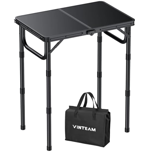 VINTEAM Camping Folding Table with Adjustable Height, Lightweight Portable Outdoor Picnic Table, BBQ Grill Side Table, Durable Aluminum Frame, MDF Desktop for Camping, Fishing, RV, Beach (Black) - style: 2-Fold MDF Tabletop