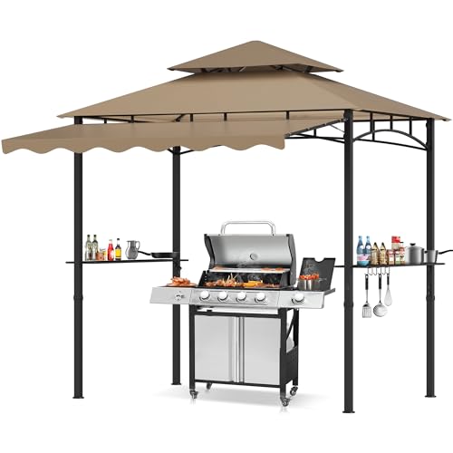 TITIMO 8'x 8' x 7.8' Double Tiered Grill Gazebo with Side Awning,Outdoor Patio BBQ Pergola, Heavy-Duty Metal Frame Canopy Tent with Side Shelves,Hooks,Bottle Opener for Lawn Deck and Garden (Khaki) - color: khaki