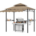TITIMO 8'x 8' x 7.8' Double Tiered Grill Gazebo with Side Awning,Outdoor Patio BBQ Pergola, Heavy-Duty Metal Frame Canopy Tent with Side Shelves,Hooks,Bottle Opener for Lawn Deck and Garden (Khaki) - color: khaki