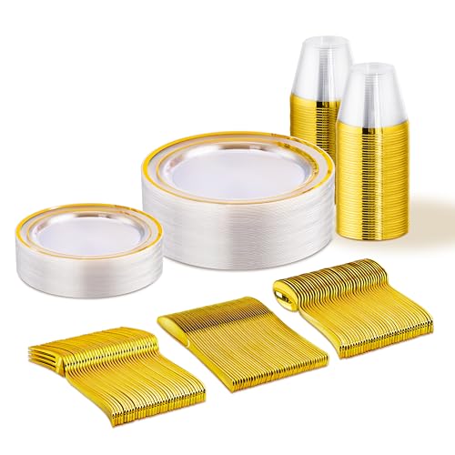 150 PCS Clear Gold Disposable Dinnerware Set for 25 Guests, Clear and Gold Plastic Plates for Party, 25 Dinner Plates, 25 Salad Plates, 25 Cups, 25 Spoons Forks Knives for Wedding and Party Supplies - color: Clear Gold, size: 25 Guests