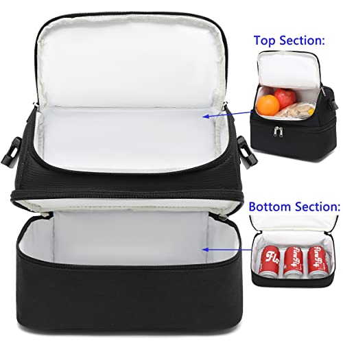 FlowFly Double Decker Cooler Insulated Lunch Bag Large Tote for Boys, Girls, Men, Women, With Adjustable Strap,Black - color: Black