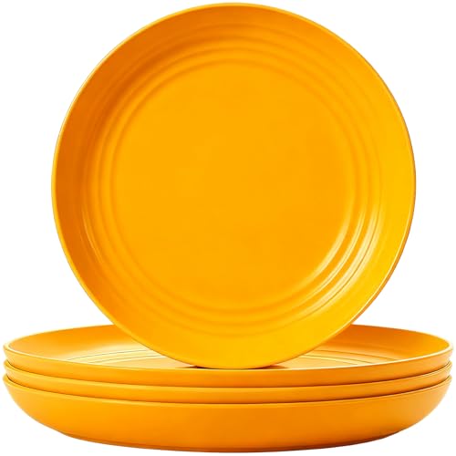 4 Pcs Unbreakable Wheat Straw Plates Set, 7.8 Inch Reusable Plastic Dinner Plates, Microwave Dishwasher Safe, Lightweight Plates for Kitchen Camping, BPA Free (Yellow) - color: Yellow
