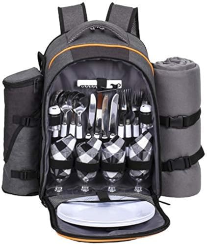 Hap Tim Picnic Basket Backpack for 4 Person with Insulated Cooler Compartment, Wine Holder, Fleece Blanket, Cutlery Set, Engagement Gifts for Couples, Bridal Shower Gift, Wedding Gifts(36021) - color: Dark Grey, size: 4 Person