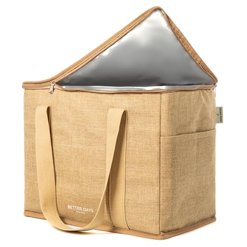 Nook Theory Reusable Insulated Grocery Bag - Leak Proof, X Large Cooler Bag - Insulated Shopping Bags for Groceries - Travel Cooler Bag for Frozen and Hot Food with Zippered Top (Jute) - color: Jute