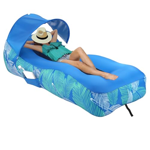 Inflatable Lounger Beach Chair with Unique Sun-Shade Design, Inflatable Air Sofa with Pillow, Waterproof Inflatable Couch Blow up Lounger Hammock for Hiking Backyard Beach Festivals (Aqua Blue)
