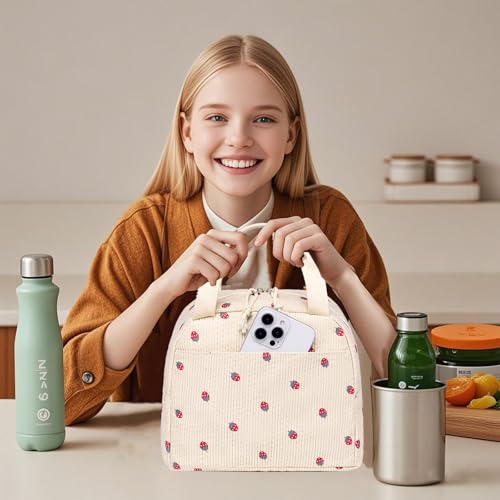LEDAOU Lunch Box for Women Insulated Lunch Bag Corduroy Lunch Tote Bags Leakproof Cooler Lunchbox for Travel Work Picnic - color: Corduroy Beige-Strawberry