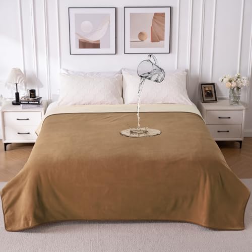 QiyI Waterproof Blanket for Bed King Size, Washable Reversible Bed Cover, Large Leakproof Stain-Resistant Furniture Protector for Travel & Camping, 80"x90", Brown/Tan - color: Brown/Tan, size: 80"×90"