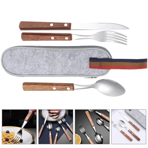 FAVOMOTO Reusable Stainless Steel Fork Knife Spoon Set with Gray Carrying Bag, Outdoor Camping Flatware for Travel, Picnic, and Lunch Box Utensils
