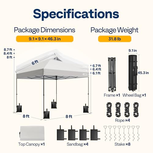 VIVOHOME 8x8ft Pop Up Canopy Tent One Push Setup Outdoor Portable Shelter Tent Heavy Duty with Wheel Carry Bag and 4 Sandbags, White - color: White, size: 8x8 ft