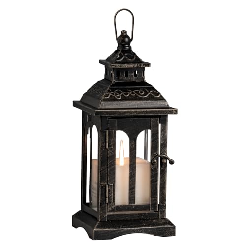 Candle Lantern Decorative Indoor & Outdoor, Christmas Vintage Metal Hanging Lanterns Decor for Front Porch Home Patio Wedding Party, Halloween Decorations (Black with Copper Brush) - color: Black |||