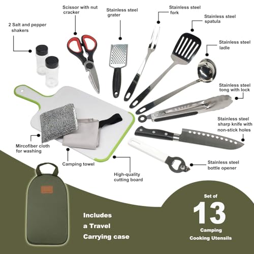 Camp Kitchen Utensil Organizer Travel Set Portable BBQ Camping Cookware Stainless Steel Utensils Travel Kit Outdoor Equipment Cutting Board Tongs Scissors Knife Ladle Spatula - color: New Version OD Green