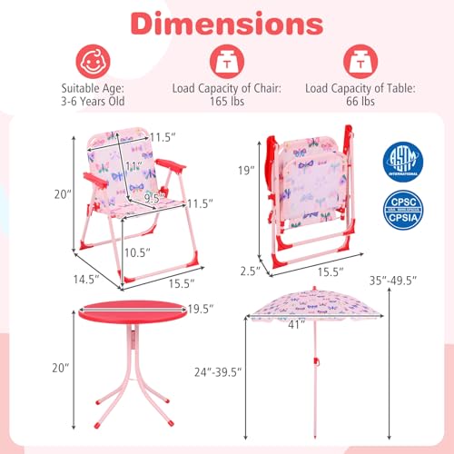 Costzon Kids Picnic Table, Kids Outdoor Table with 2 Folding Chairs, Height Adjustable Umbrella, Portable Children Outdoor Furniture for Patio, Garden, Backyard (Pink Butterfly) - color: Pink Butterfly