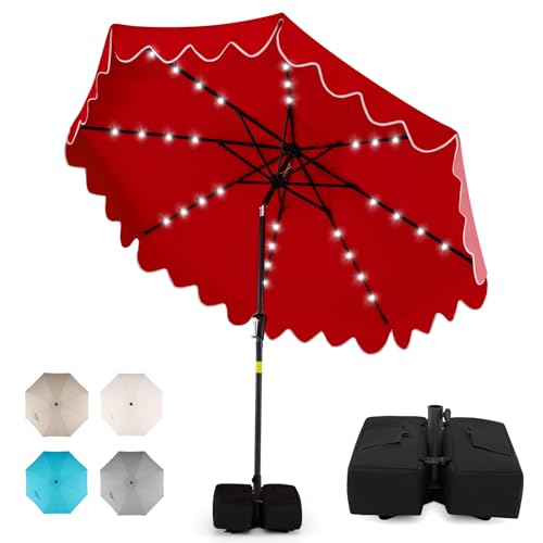 Tangkula 9 FT Solar Patio Umbrella with Base Included, 2-Tiers Outdoor Scalloped Table Umbrella with 32 LED Lights, 2 Sandbags, Tilt Adjustment, Crank, 8 Ribs for Market Backyard Pool Deck Beach Lawn - color: Red, size: 9 FT