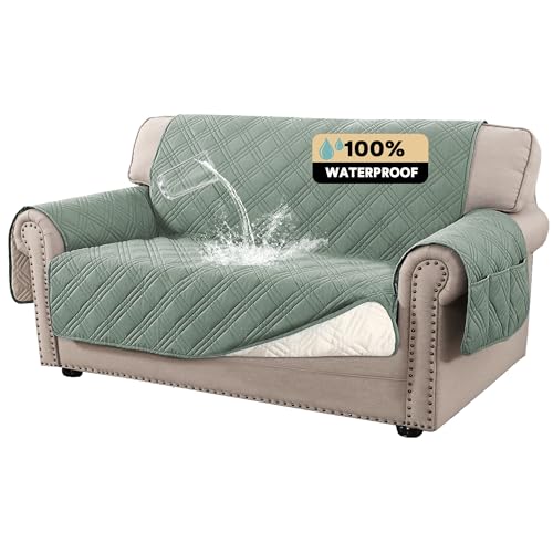 PrinceDeco 100% Waterproof Loveseat Covers for 2 Cushion Couch Sofa Covers Waterproof and Washable Sofa Slipcover with Side Pocket Furniture Protector with Elastic Straps(Loveseat 48", Lily Pad) - color: Lily Pad, size: Loveseat
