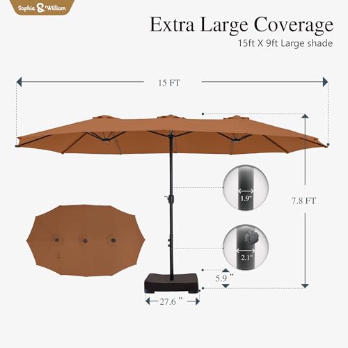 Sophia & William 15 ft Extra Large Patio Umbrella with Base Included, Rectangular Outdoor Umbrella Heavy Duty, Market Umbrella Double-sided Fade Resistant for Pool Garden Backyard, Maillard Tawny - color: Tawny