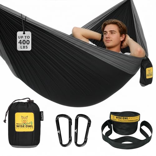 Wise Owl Outfitters Camping Hammock – 500lbs Portable Hammock with Tree Straps - Travel, Backpacking, Hiking, Outdoors Camping Gear - Single or Double - color: Black & Grey, size: Single