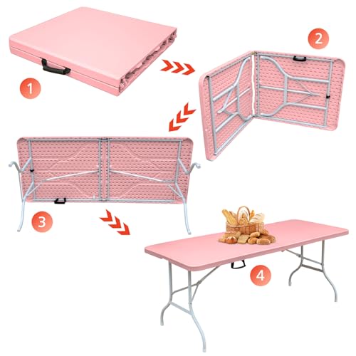 Portable 6Ft Folding Table, Heavy Duty Plastic Fold-in-Half Utility Foldable Dining Table, Multi-Purpose Plastic Folding Table with Carrying Handle for Camping and Party Indoor/Outdoor (Pink) - color: Pink, size: 6Ft