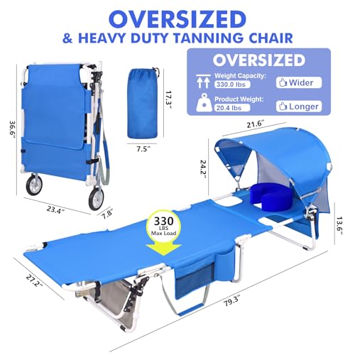Wheel-To-Go Oversized Tanning Chair with Face Hole & Wheels | Portable Heavy Duty Folding Lounge Chair | Outside Sunbathing Reading Relaxing Beach Poolside Lawn | XL Wide | 330 LBS (Patent Design) - color: Royal Blue, style: Oversized + Sun Canopy Style