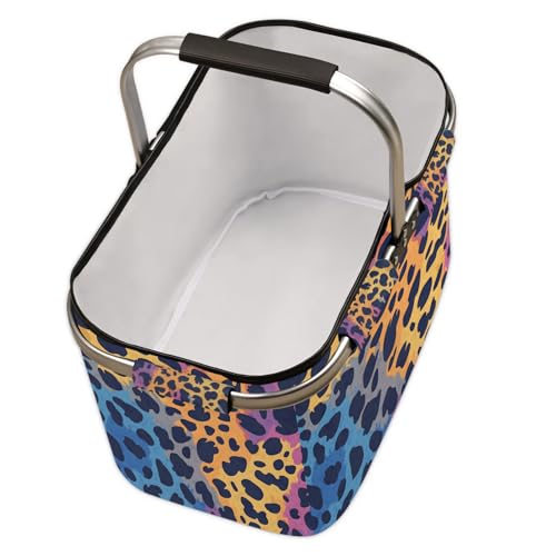Colorful Leopard Printed Picnic Basket Large Collapsible Market Baskets Portable Reuasble Shopping Bags with Handles for Camping Beach Travel - color: Pink