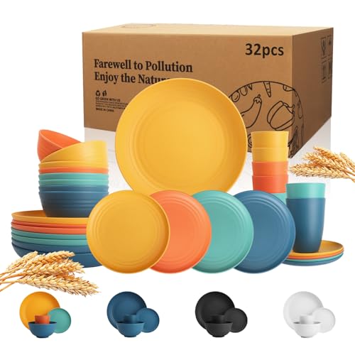 Wrova Wheat Straw Dinnerware Set of 32, Unbreakable Dinner Plates and Bowls Dishes Sets Service for 8,Dishwasher Safe Dinnerware Sets for Kitchen and Camping.Vibrant Series - color: Vibrant Series, size: 32 Pack