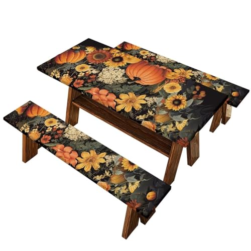 Fall Picnic Table Cover for Outdoor Camping Pumpkin Sunflower Elastic Fitted Table Cloth for Camping Party Supplies 3 PCS Set - color: Pumpkin Sunflower, size: Small