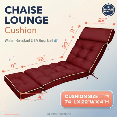 MAGIC ELEPHANT Chaise Lounge Cushion Outdoor, Memory Foam Patio Lounge Chair Cushion with Ties for Indoor Outdoor Furniture, Water-Repellent Replacement Long Chair Cushion (Burgundy) - color: Burgundy