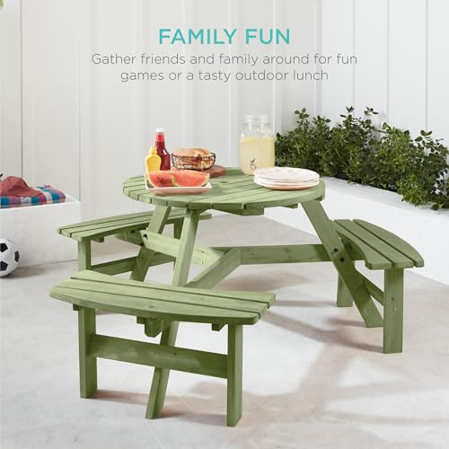 Best Choice Products 6-Person Circular Outdoor Wooden Picnic Table for Patio, Backyard, Garden, DIY w/ 3 Built-in Benches, 500lb Capacity - Sage Green - color: Sage Green