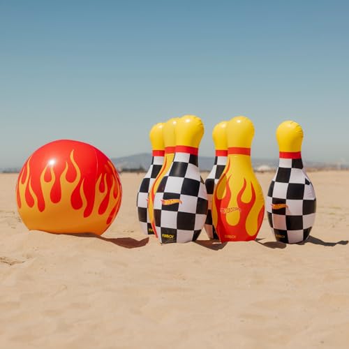 Hot Wheels & FUNBOY Inflatable Checkered Flame Kids Backyard Bowling Set with Large Ball and Six Bowling Pins