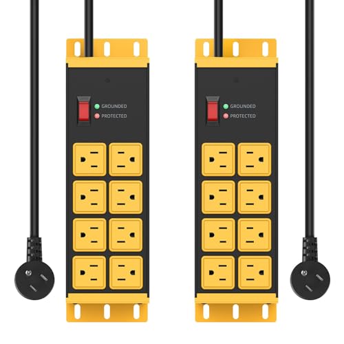 HHSOET 2 Pack Heavy Duty Power Strip 8 Outlets, Metal Wall Mount Outlet Strip 4800J Surge Protector, Garage Shop Under Desk Mountable 6FT Extension Cord Plug, ETL Listed - color: Yellow, size: 6ft