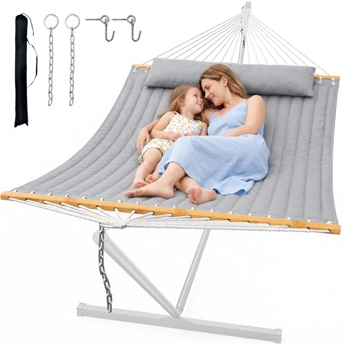 ANAGOO Double Quilted Outdoor Hammock for 2 Adults, 500lb Capacity Backyard & Camping Hammock with Pillow and Bamboo Spreader Bar, Fits 11–15ft Hammock Stands (Stand Not Included),Dark Gray - color: Dark Gray(without Stand)
