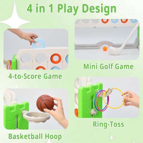 Giant 4-in-A Row Connect Game Set, Height Adjust Jumbo Yard Game for Kids & Adults w/Mesh Catching Bag, Basketball Hoop, Ring Toss & Mini Golf, Family Party 4-to-Score Indoor/Outdoor Games - color: White Green