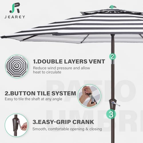 JEAREY 9' 2-Tiers Patio Umbrellas Outdoor Table Market Umbrella w/Push Button Tilt/Crank, 8 Sturdy Ribs, UV Protection Waterproof Sunproof(Black Striped) - color: Black Striped