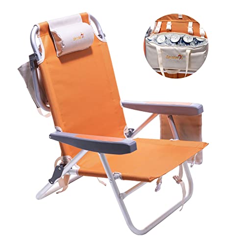 SUNNYFEEL Low Beach Chair, 5-Position Lay Flat Reclining, Backpack Portable Folding Chair with Cooler Bag & Cup Holder, Heavy Duty 350 LBS, Compact for Beach, Camping, Travel - color: Orange, size: 1-pack