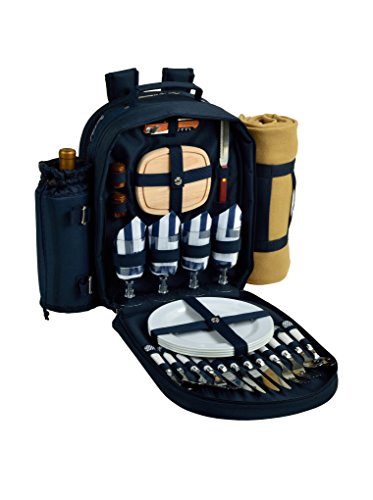 Picnic at Ascot - Deluxe Equipped 4 Person Picnic Backpack with Cooler, Insulated Wine Holder & Blanket - Chevron Blue - color: Navy/White With Chevron