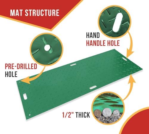 Mytee Products 5 Pk 3' x 8' Green Ground Protection Mats with Double Sided Diamond Plated Tread Design - High Density Polyethylene Mat, Easily Supports 90 Ton Loads on Lawns, Dirt, and Any Other Areas - color: Green, size: 3 x 8 Feet, style: 5 - Pack