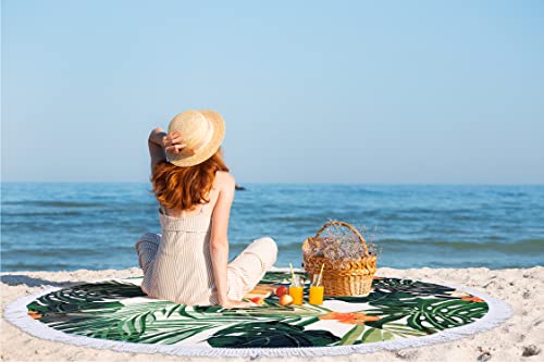 Benefeet Sox Beach Towel Large Round Mandala Pool Towels Tassels Microfiber Quick Dry Beach Blanket Throw Bohemian Roundie Swim Pool Circle Towel, 59 Inches - color: Tropical Palm Tree Leaf Flowers, Green