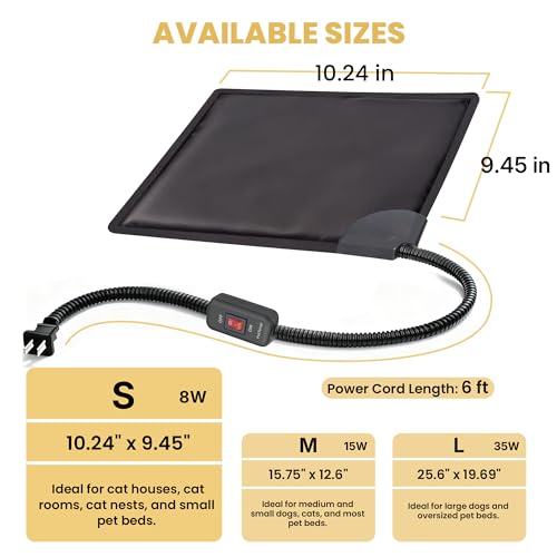 Cat Bed Warmer 10" x 9.5", Indoor Heated Pad Insert for Cats, Kittens & Small Dogs, Turns Any Cat or Dog Bed Into a Cozy Heated Bed, Safe Constant Temperature Heating & Chew-Resistant Cord - size: S: 10'' x 9.5''