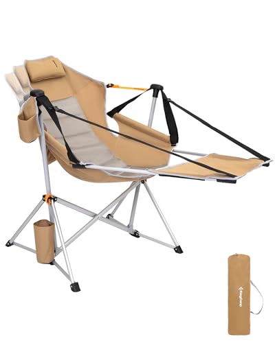 KingCamp Hammock Chair with Footrest – Heavy Duty Swinging Rocking Camping Chairs for Adults up to 400lbs, Folding Portable Oversized Rocker with Cup Holder & Pillow for Outdoor Beach Lawn RV Sports - color: Footrest Deluxe Khaki/Grey