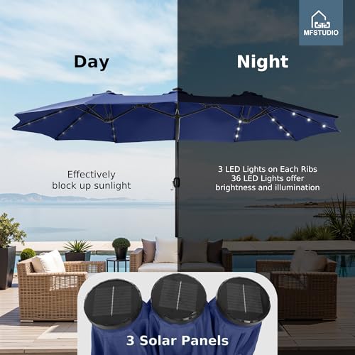 MFSTUDIO 15ft Double Sided Patio Umbrella with Solar Lights, Outdoor Large Umbrellas with Crank Handle and 36 LED Lights, Rectangular Market Umbrella with Base Included for Deck Pool Shade, Navy Blue - color: Navy Blue