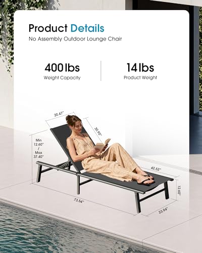 Ciokea Foldable Outdoor Lounge Chair, No Assembly Patio Chaise Lounge Outdoor with 5-Positions, Aluminum Pool Lounge Chair with Portable Design for Pool, Beach, Deck, Backyard, Grey - color: Grey-upgraded, size: 1 Pack