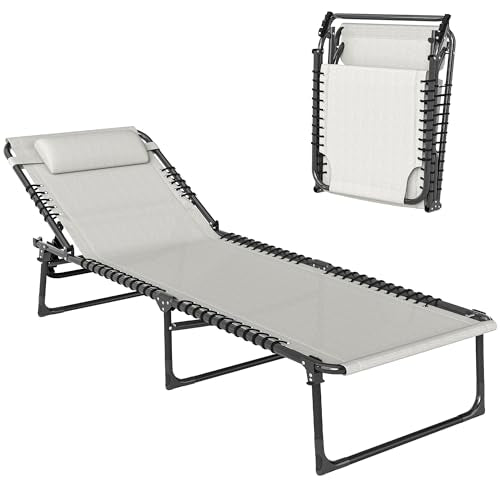 Outsunny Folding Chaise Lounge Chair, Patio Sun Tanning Chair, Outdoor Chaise Lounger with 4-Position Reclining Back, Breathable Mesh Seat for Beach, Poolside, Yard, Cream White - color: Cream White, size: 1 Pack