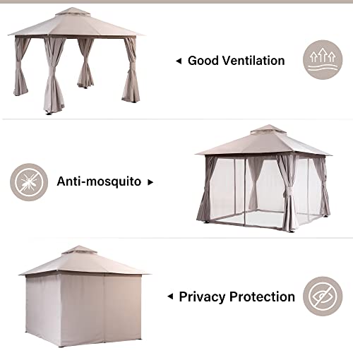 LAUSAINT HOME 10'x10' Outdoor Gazebo, Metal Frame Heavy Duty Patio Canopy Tent Shelter with Double Roofs, Mosquito Nettings and Privacy Screens for Backyard, Garden, Lawn, Khaki - color: Khaki, size: 10'x10'