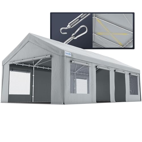 Quictent Heavy Duty 13x25 ft Carports with Side Zipper Doors & Snowproof Steel Cables & Ventilated Windows, Waterproof Storage Shelter for Car, Boat, RV, Outdoor Equipment, Gray - color: Gray, size: 13'x25'