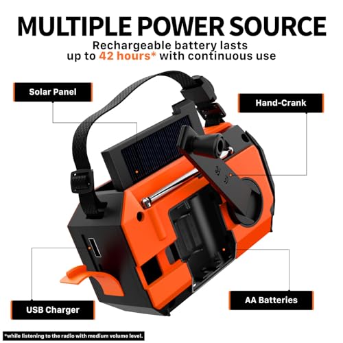 FosPower NOAA Emergency Weather Radio A6 19240mWh Portable Power Bank, AM/FM, USB/Solar/Hand Crank Charging, Battery Operated, SOS Alarm & Flashlight for Indoor/Outdoor Emergency - Orange - color: 07 - Model A6 - Orange