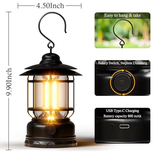 Retor LED Camping Lanterns 1500 LM Step-Less Dimming, Lightweight Battery Powered USB Rechargeable Flashlight Survival Kits Home Garden Camping Emergency Outages Hiking Light (Black 1 Pack) - color: 1 Pack Black