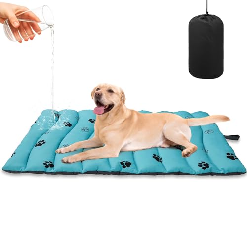 BINGPET Outdoor Travel Dog Bed for Large/Medium Dogs,Portable Waterproof Camping Mat with Carry Bag,Foldable Outside Bed,Machine Washable Indoor Pet Mat for Small,Medium and Large Dogs 26"x43" - color: Blue, size: L: 26*43in