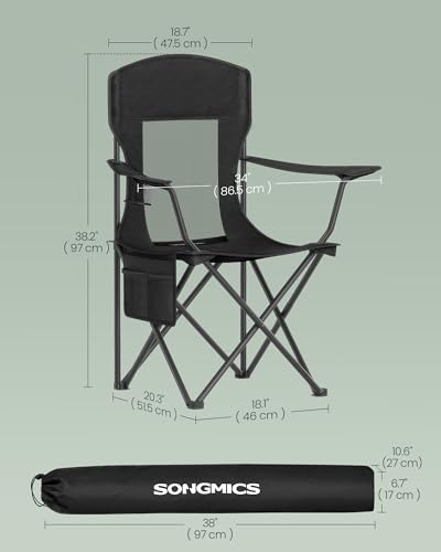 SONGMICS Breathable Camping Chairs, Foldable Outdoor Chairs Set of 2, High Back, Adjustable Armrests, Drink Holder, Weight Capacity 330 lb, for Sports Garden Backyard, Ink Black UGCB028B02 - color: Black, style: 2PC (20.3"D x 34"W x 38.2"H)